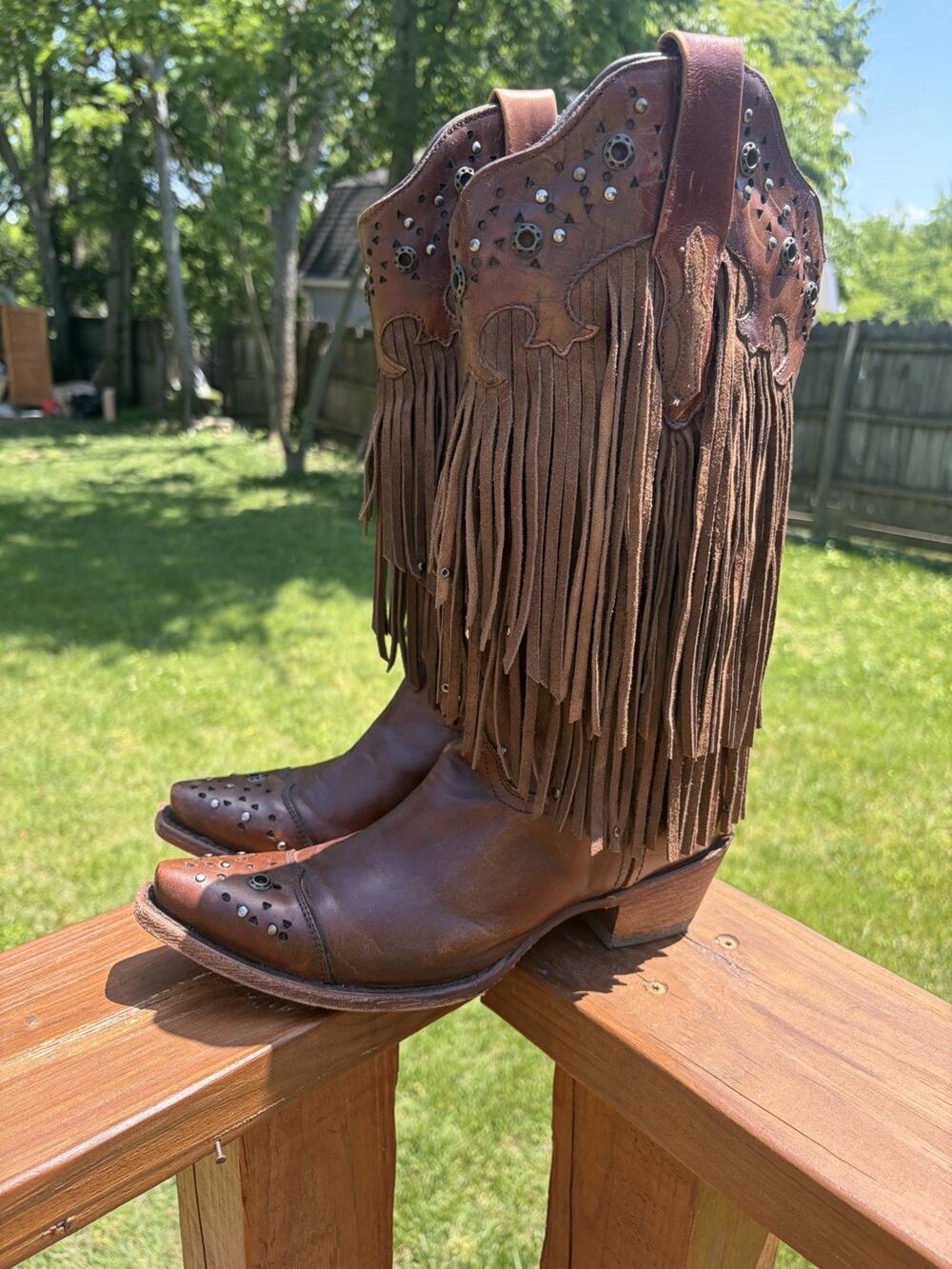 Corral Vintage Sierra Fringe Studded Brown Leather Cowboy Boots Women's 8.5